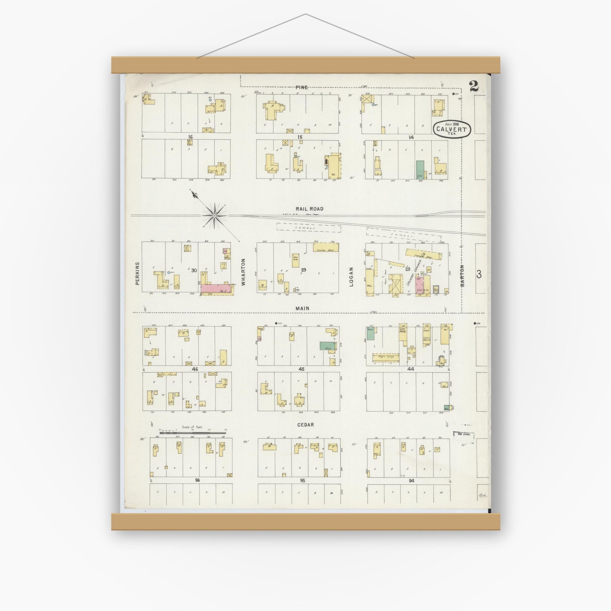 Old map wall art mockup — magnetic wood frame on white wall — Sanborn Fire Insurance Map from Calvert, Robertson County, Texas (1896), Sheet #0002