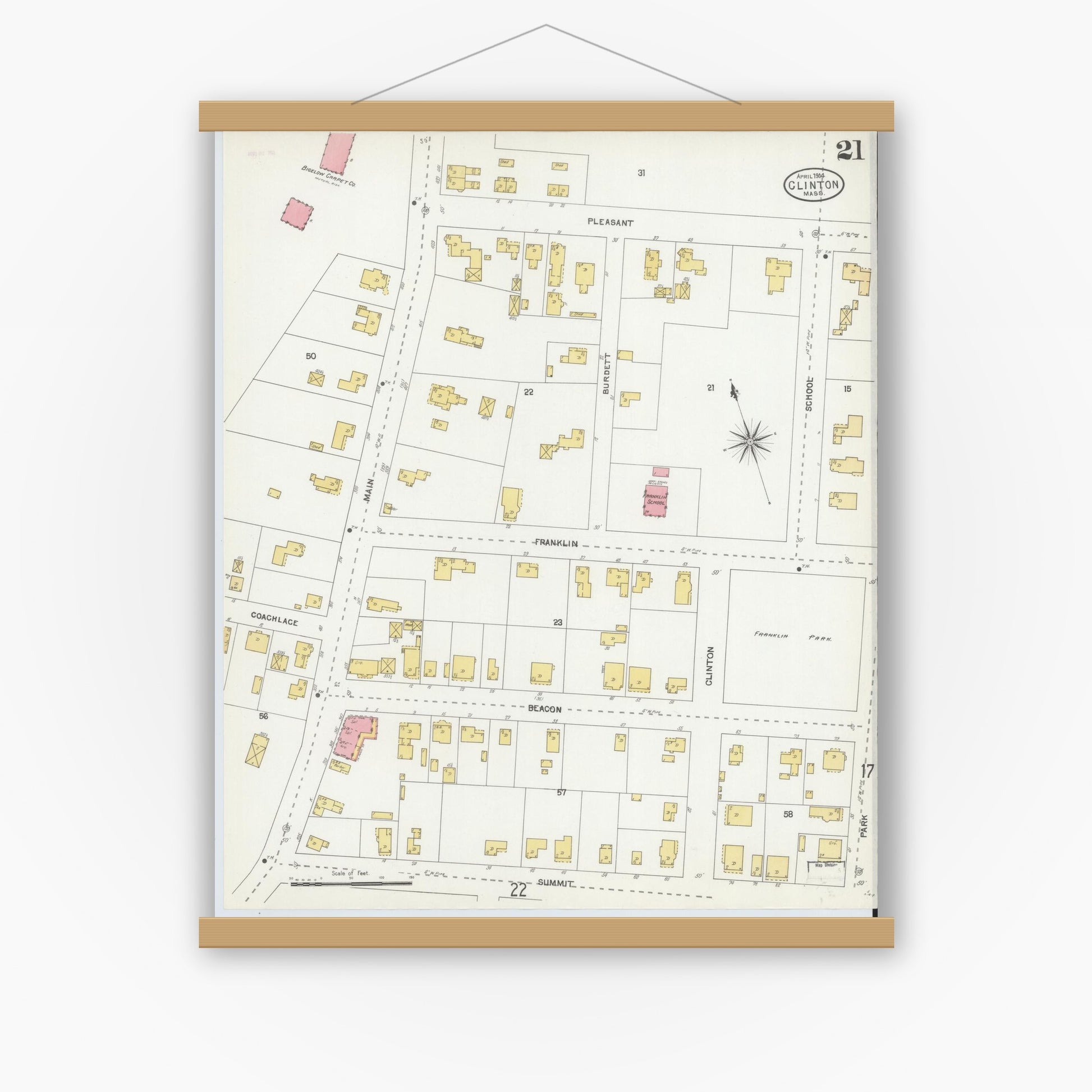 Old map wall art mockup — magnetic wood frame on white wall — Sanborn Fire Insurance Map from Clinton, Worcester County, Massachusetts (1904), Sheet #0021
