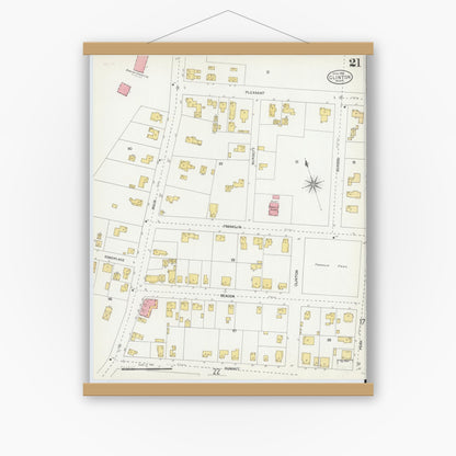 Old map wall art mockup — magnetic wood frame on white wall — Sanborn Fire Insurance Map from Clinton, Worcester County, Massachusetts (1904), Sheet #0021