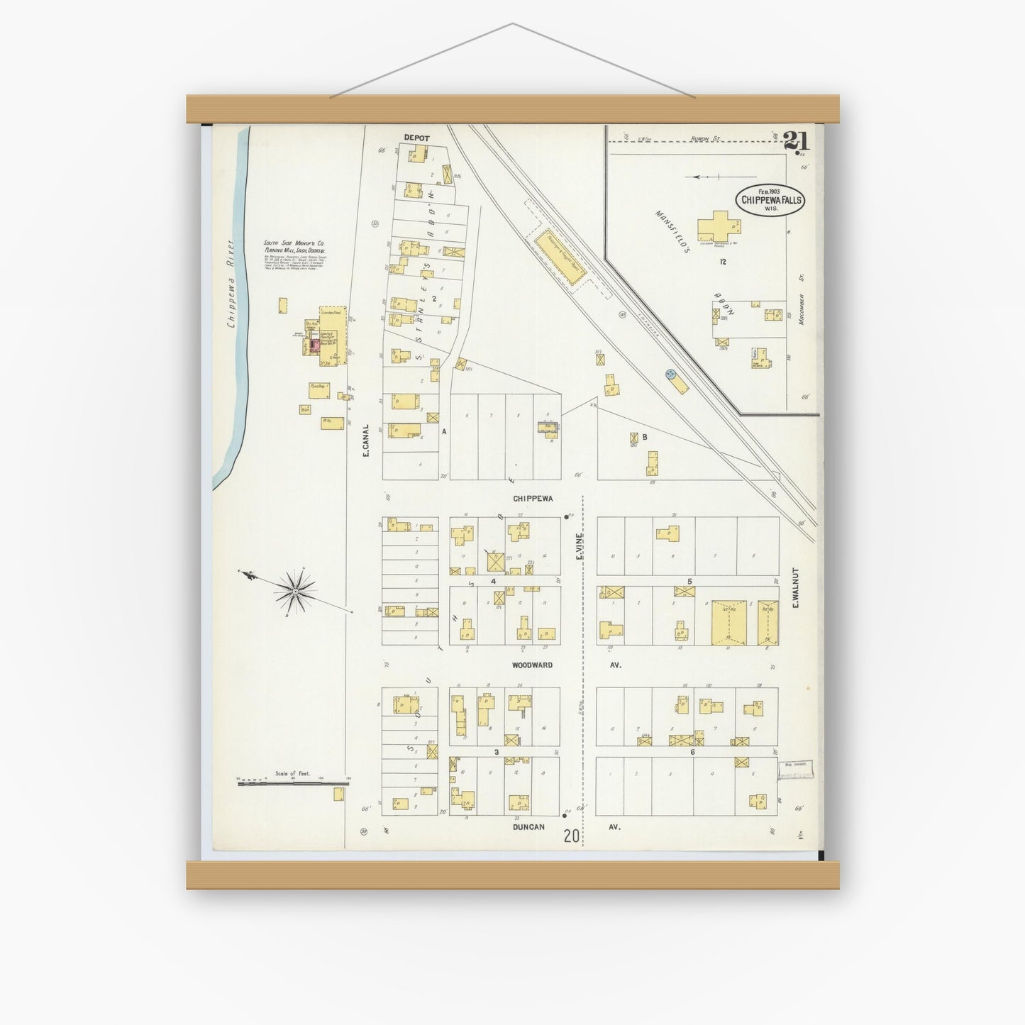 Old map wall art mockup — magnetic wood frame on white wall — Sanborn Fire Insurance Map from Chippewa Falls, Chippewa County, Wisconsin (1903), Sheet #0021