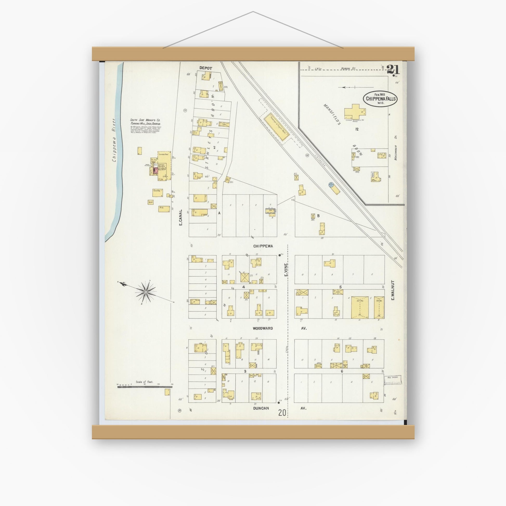 Old map wall art mockup — magnetic wood frame on white wall — Sanborn Fire Insurance Map from Chippewa Falls, Chippewa County, Wisconsin (1903), Sheet #0021