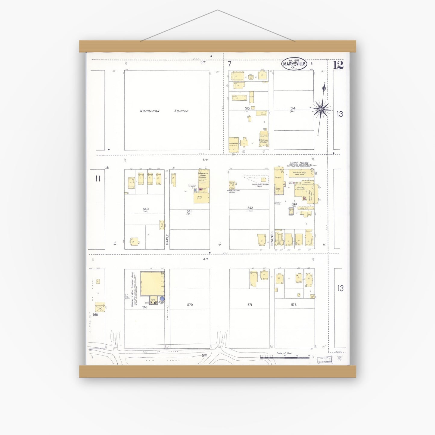 Old map wall art mockup — magnetic wood frame on white wall — Sanborn Fire Insurance Map from Marysville, Yuba County, California (1909), Sheet #0012