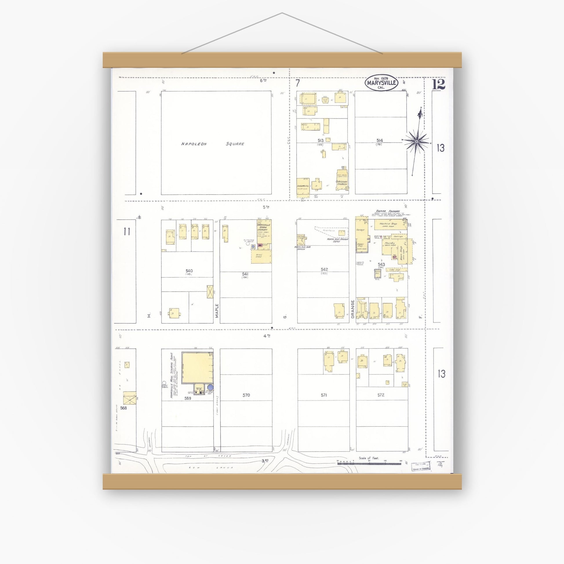 Old map wall art mockup — magnetic wood frame on white wall — Sanborn Fire Insurance Map from Marysville, Yuba County, California (1909), Sheet #0012