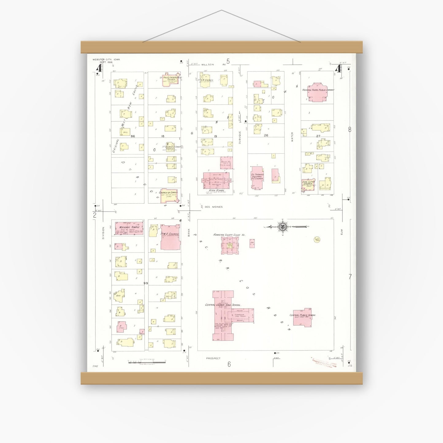 Old map wall art mockup — magnetic wood frame on white wall — Sanborn Fire Insurance Map from Webster City, Hamilton County, Iowa (1938), Sheet #0004