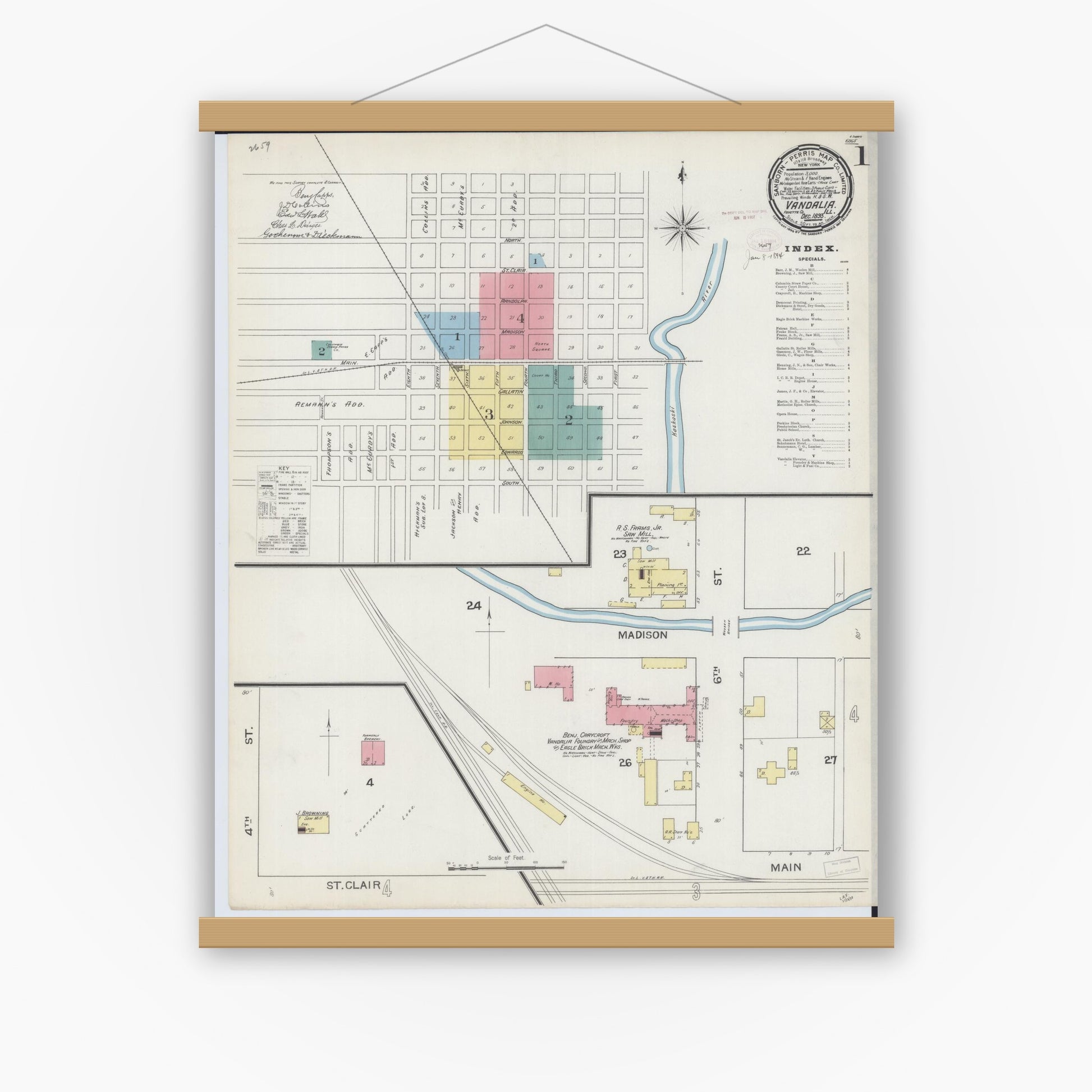 Old map wall art mockup — magnetic wood frame on white wall — Sanborn Fire Insurance Map from Vandalia, Fayette County, Illinois (1893) - Complete Map Set