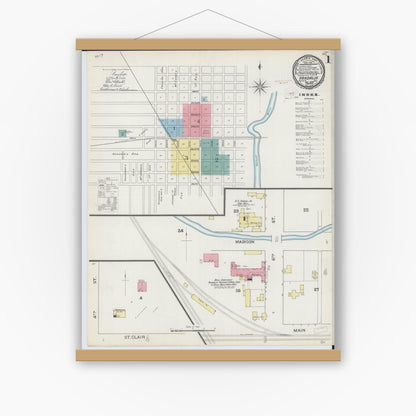 Old map wall art mockup — magnetic wood frame on white wall — Sanborn Fire Insurance Map from Vandalia, Fayette County, Illinois (1893) - Complete Map Set