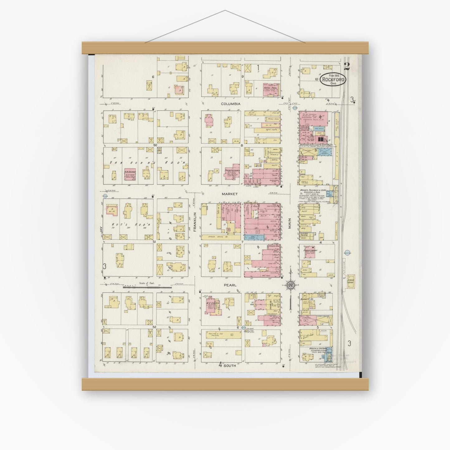 Old map wall art mockup — magnetic wood frame on white wall — Sanborn Fire Insurance Map from Rockford, Mercer County, Ohio (1915), Sheet #0002