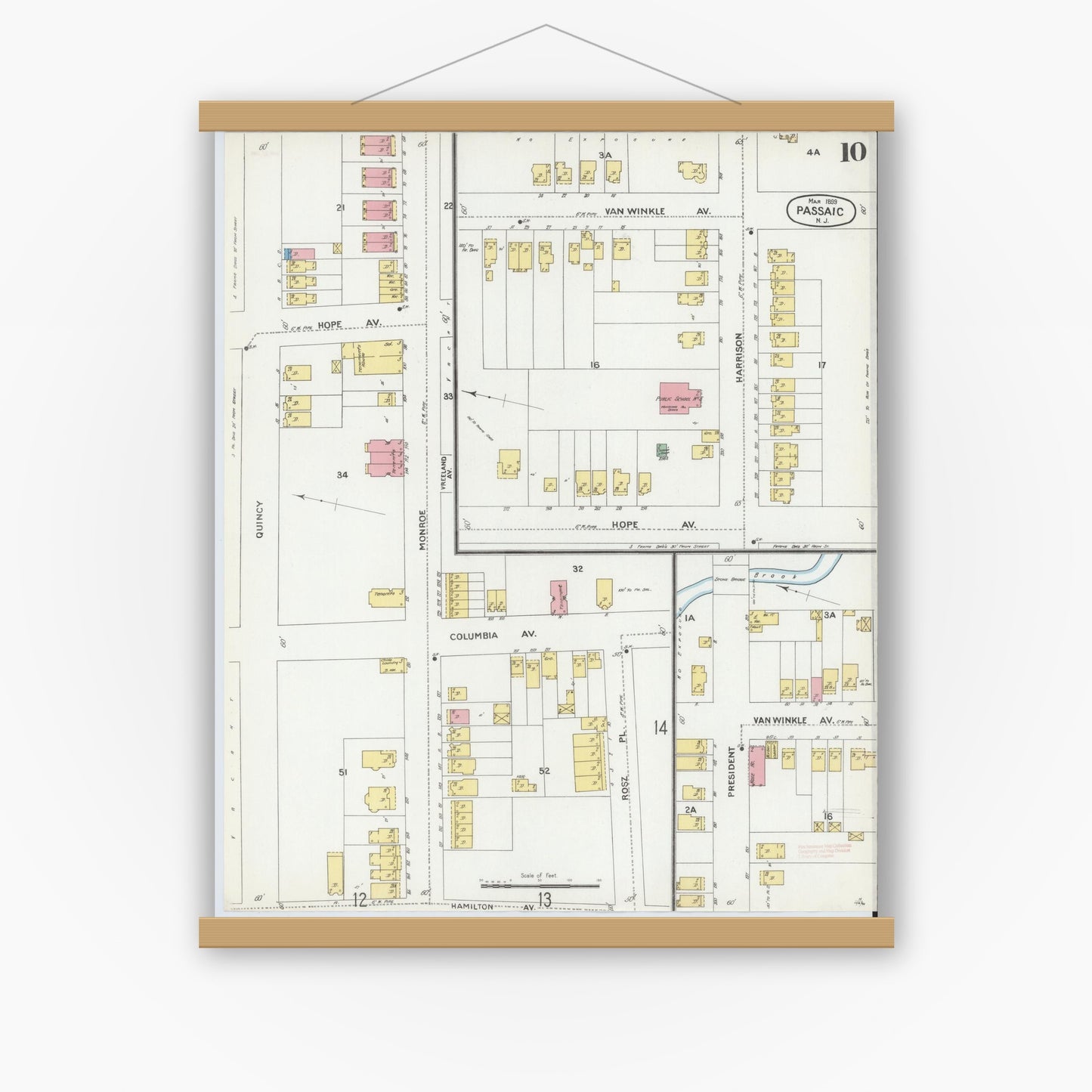 Old map wall art mockup — magnetic wood frame on white wall — Sanborn Fire Insurance Map from Passaic, Passaic County, New Jersey (1899), Sheet #0010