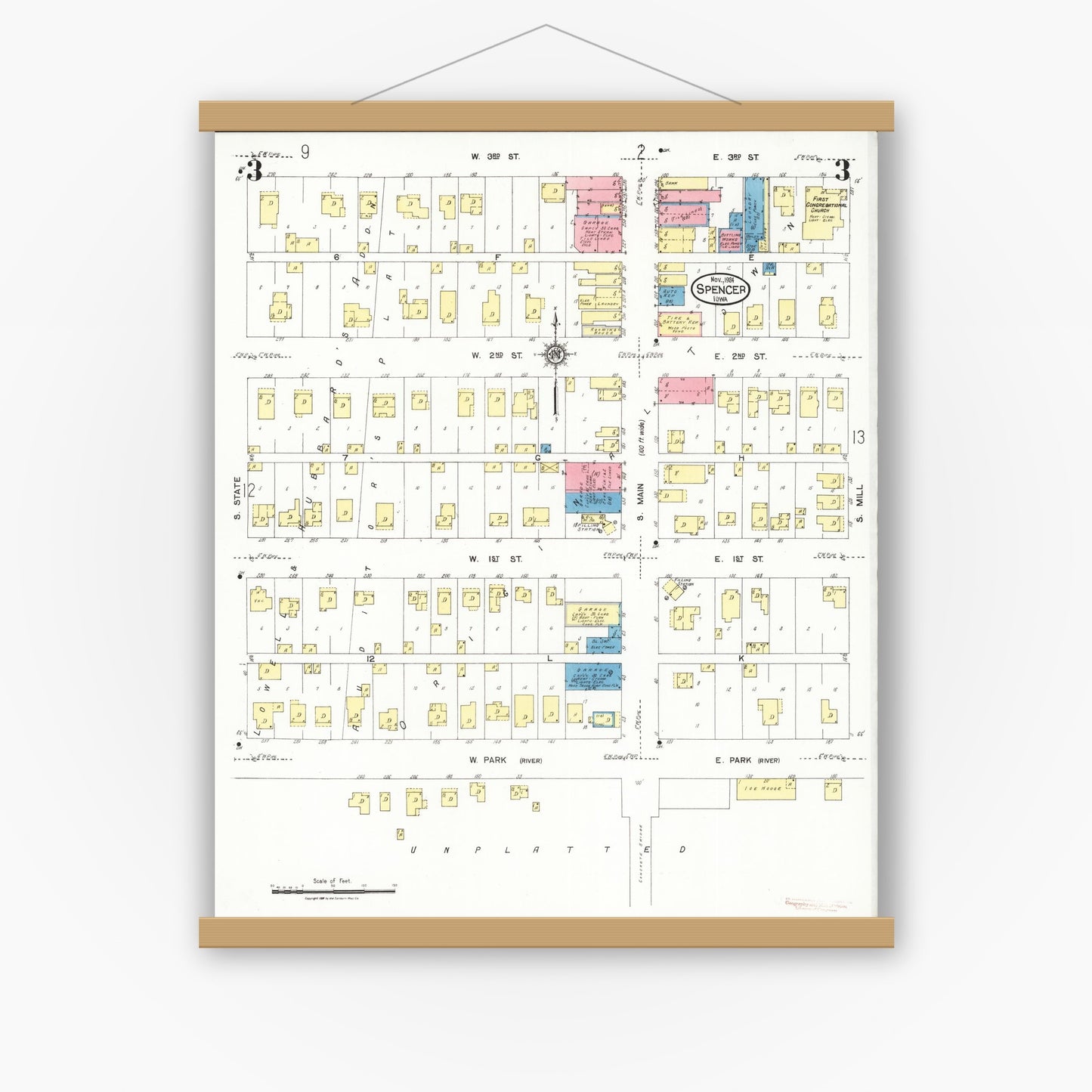 Old map wall art mockup — magnetic wood frame on white wall — Sanborn Fire Insurance Map from Spencer, Clay County, Iowa (1924), Sheet #0003