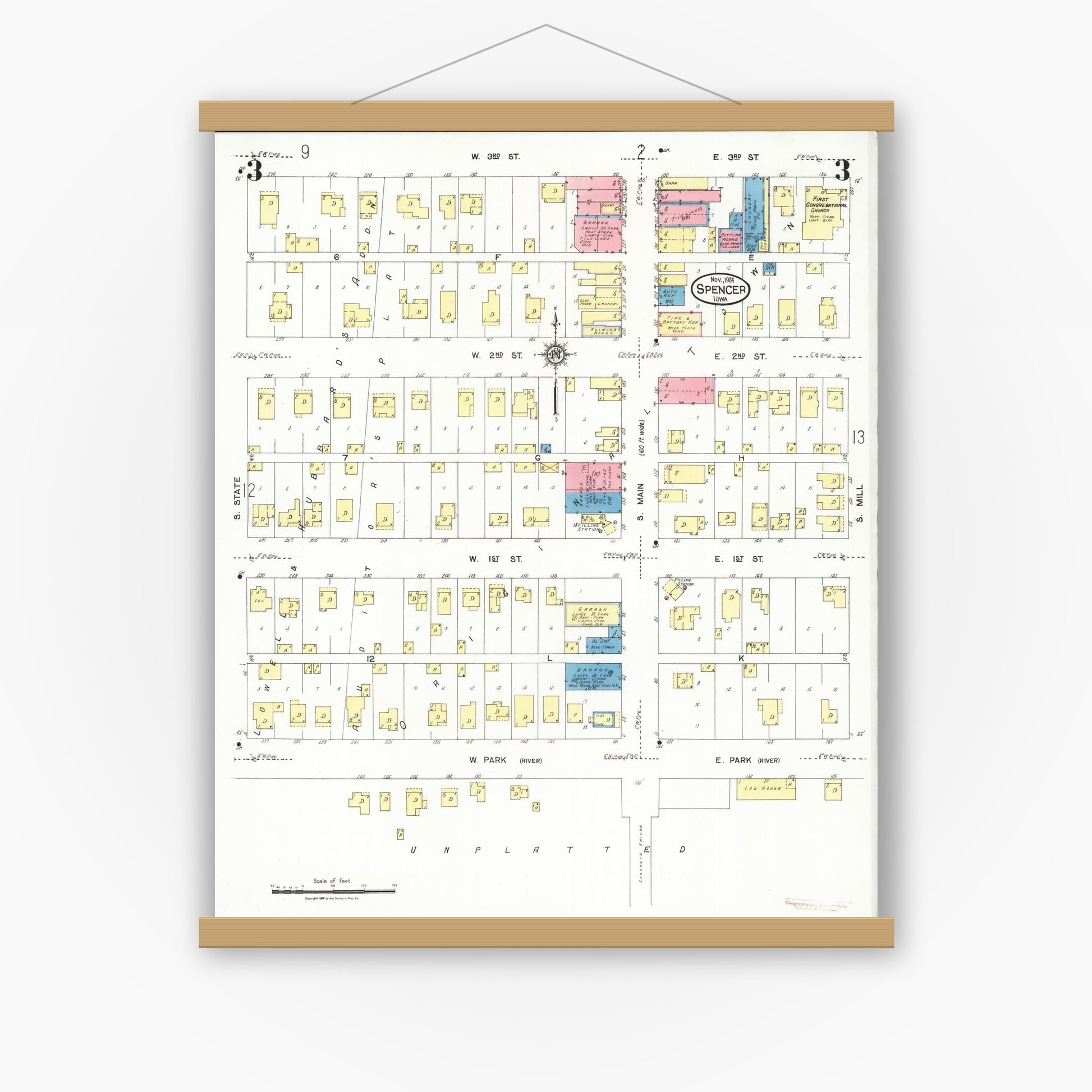 Old map wall art mockup — magnetic wood frame on white wall — Sanborn Fire Insurance Map from Spencer, Clay County, Iowa (1924), Sheet #0003
