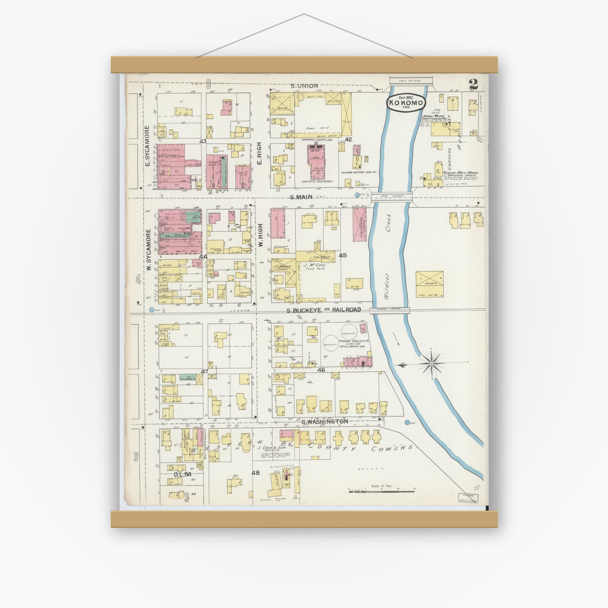 Old map wall art mockup — magnetic wood frame on white wall — Sanborn Fire Insurance Map from Kokomo, Howard County, Indiana (1892), Sheet #0002