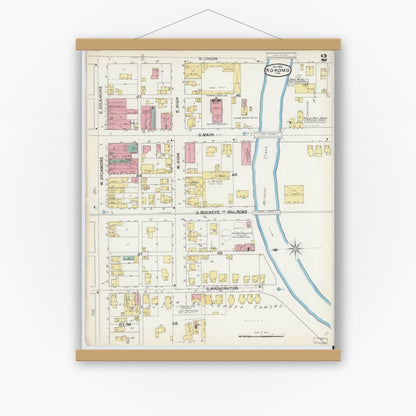 Old map wall art mockup — magnetic wood frame on white wall — Sanborn Fire Insurance Map from Kokomo, Howard County, Indiana (1892), Sheet #0002