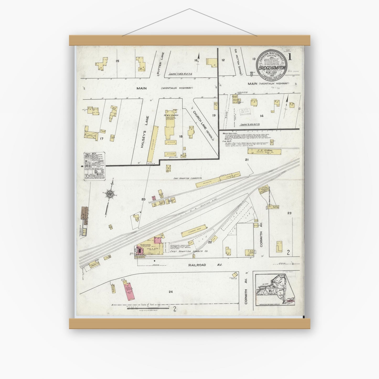 Old map wall art mockup — magnetic wood frame on white wall — Sanborn Fire Insurance Map from Bridgehampton, Suffolk County, New York (1920) - Complete Map Set