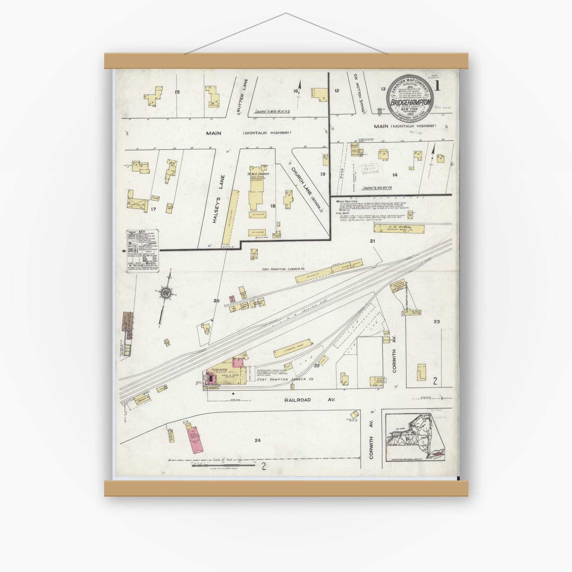 Old map wall art mockup — magnetic wood frame on white wall — Sanborn Fire Insurance Map from Bridgehampton, Suffolk County, New York (1920) - Complete Map Set