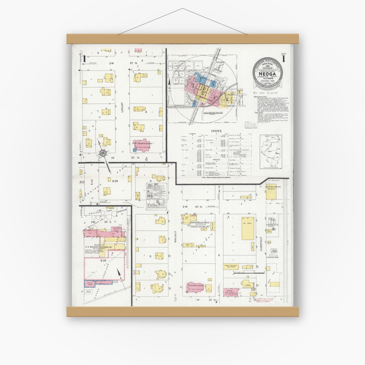 Old map wall art mockup — magnetic wood frame on white wall — Sanborn Fire Insurance Map from Neoga, Cumberland County, Illinois (1930) - Complete Map Set