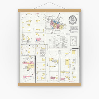 Old map wall art mockup — magnetic wood frame on white wall — Sanborn Fire Insurance Map from Neoga, Cumberland County, Illinois (1930) - Complete Map Set