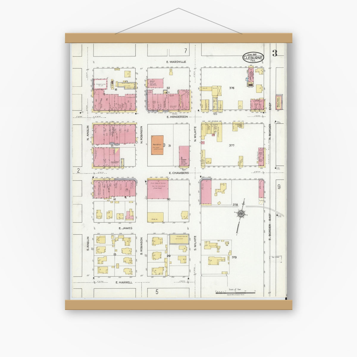 Old map wall art mockup — magnetic wood frame on white wall — Sanborn Fire Insurance Map from Cleburne, Johnson County, Texas (1918), Sheet #0003