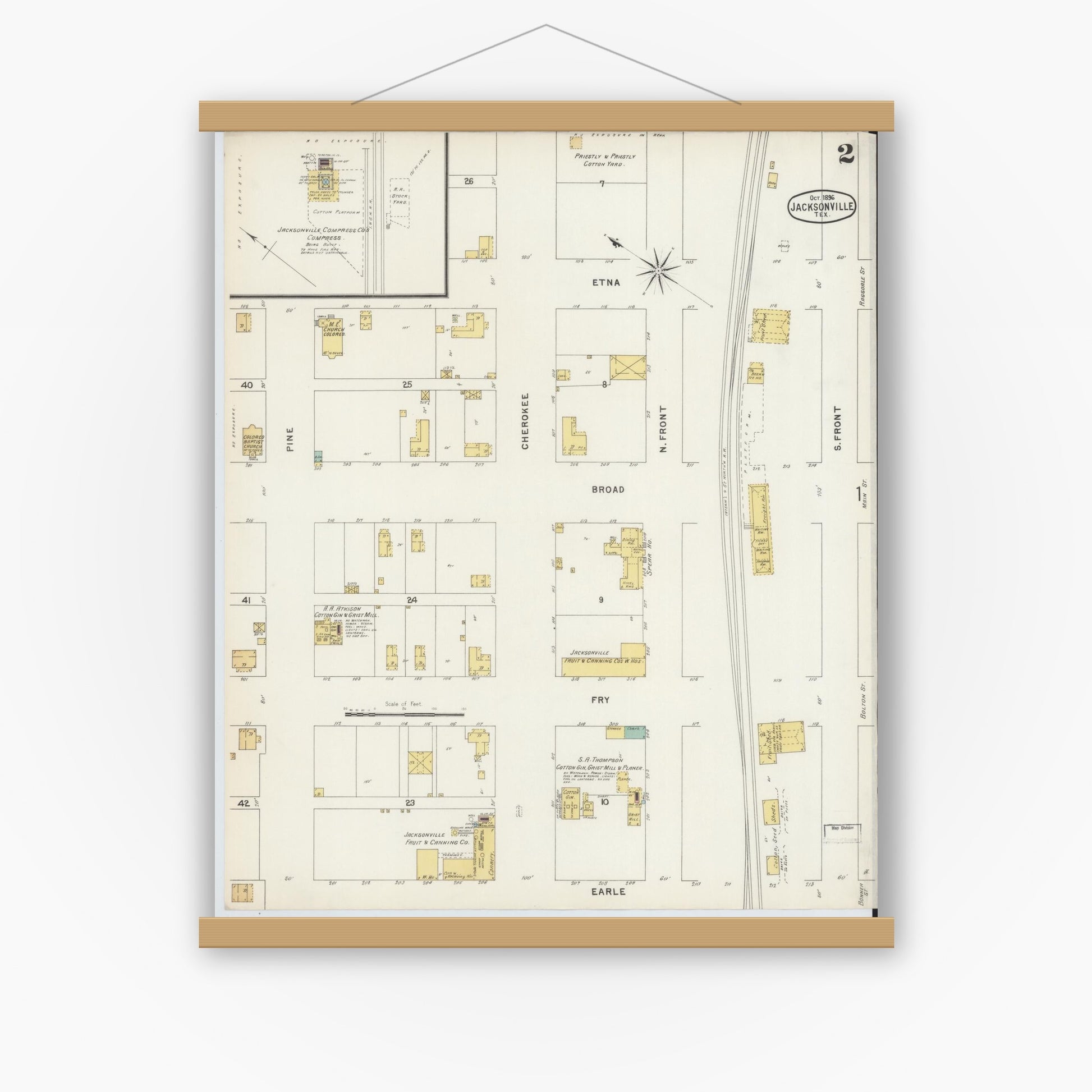 Old map wall art mockup — magnetic wood frame on white wall — Sanborn Fire Insurance Map from Jacksonville, Cherokee County, Texas (1896), Sheet #0002