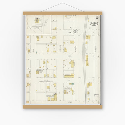 Old map wall art mockup — magnetic wood frame on white wall — Sanborn Fire Insurance Map from Jacksonville, Cherokee County, Texas (1896), Sheet #0002