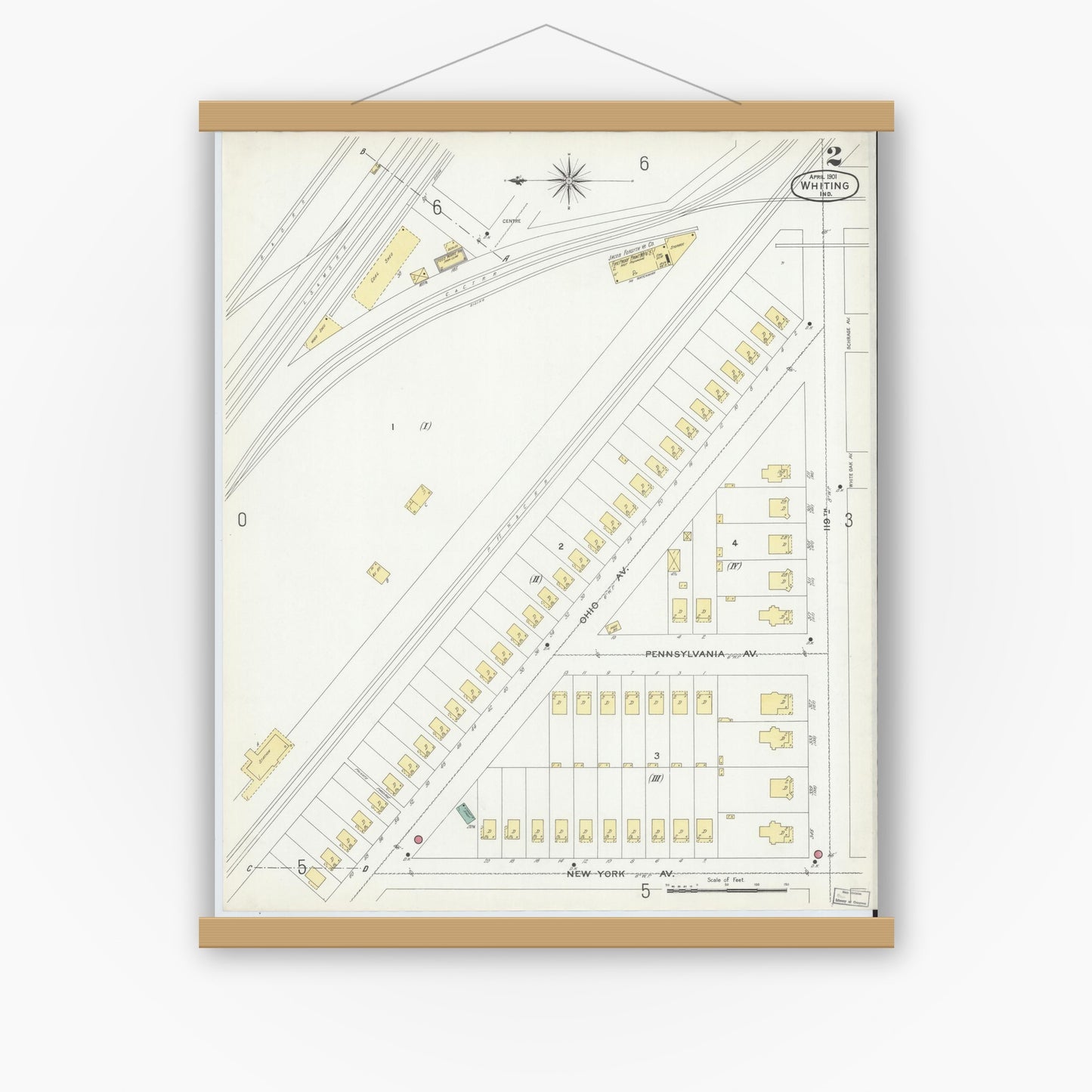 Old map wall art mockup — magnetic wood frame on white wall — Sanborn Fire Insurance Map from Whiting, Lake County, Indiana (1901), Sheet #0002