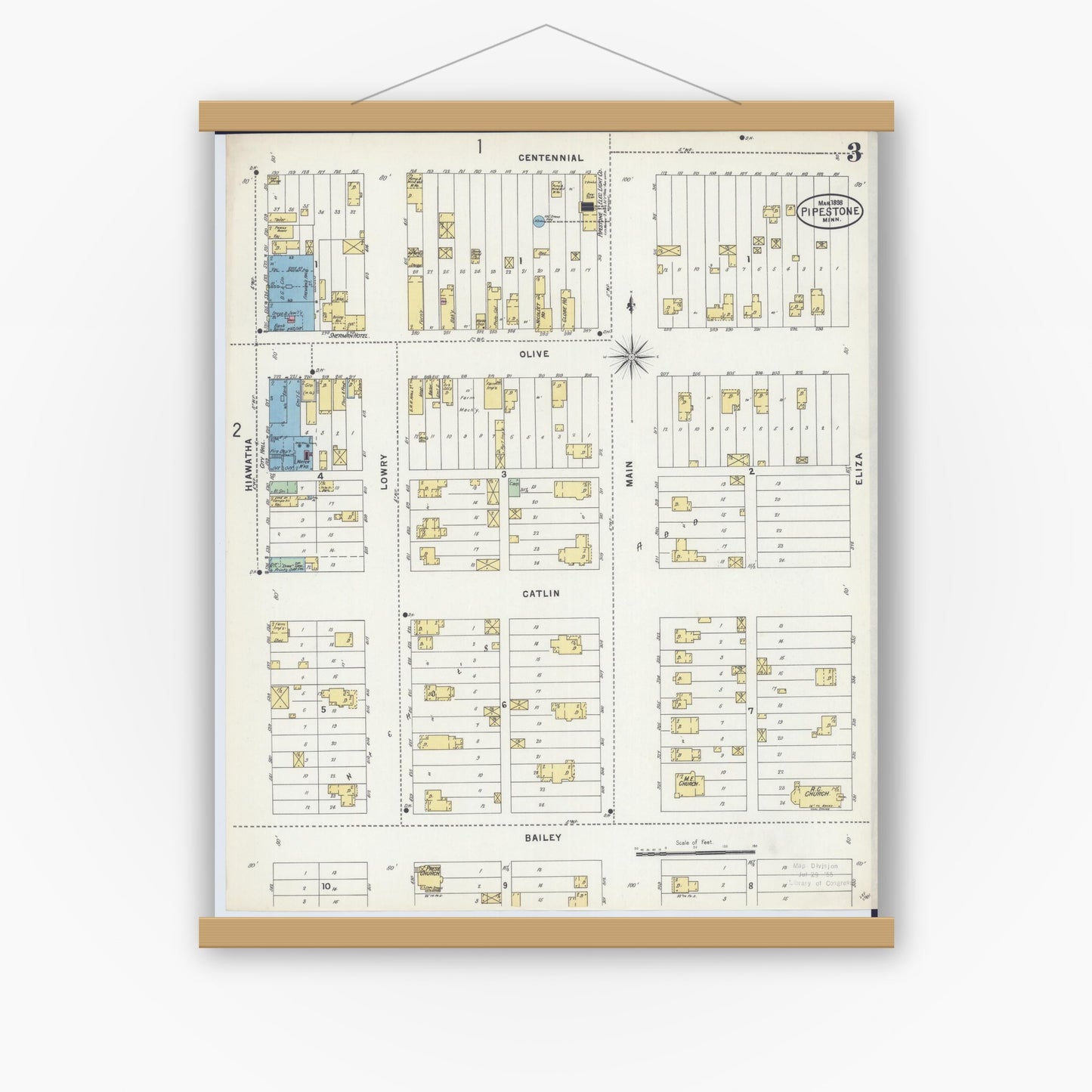 Old map wall art mockup — magnetic wood frame on white wall — Sanborn Fire Insurance Map from Pipestone, Pipestone County, Minnesota (1898), Sheet #0003