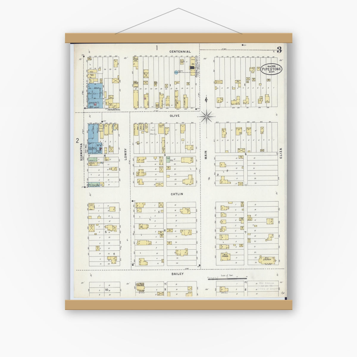 Old map wall art mockup — magnetic wood frame on white wall — Sanborn Fire Insurance Map from Pipestone, Pipestone County, Minnesota (1898), Sheet #0003
