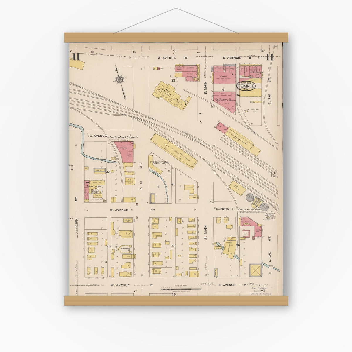 Old map wall art mockup — magnetic wood frame on white wall — Sanborn Fire Insurance Map from Temple, Bell County, Texas (1922), Sheet #0011