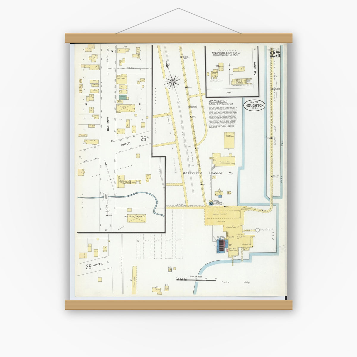 Old map wall art mockup — magnetic wood frame on white wall — Sanborn Fire Insurance Map from Houghton, Houghton County, Michigan (1908), Sheet #0025