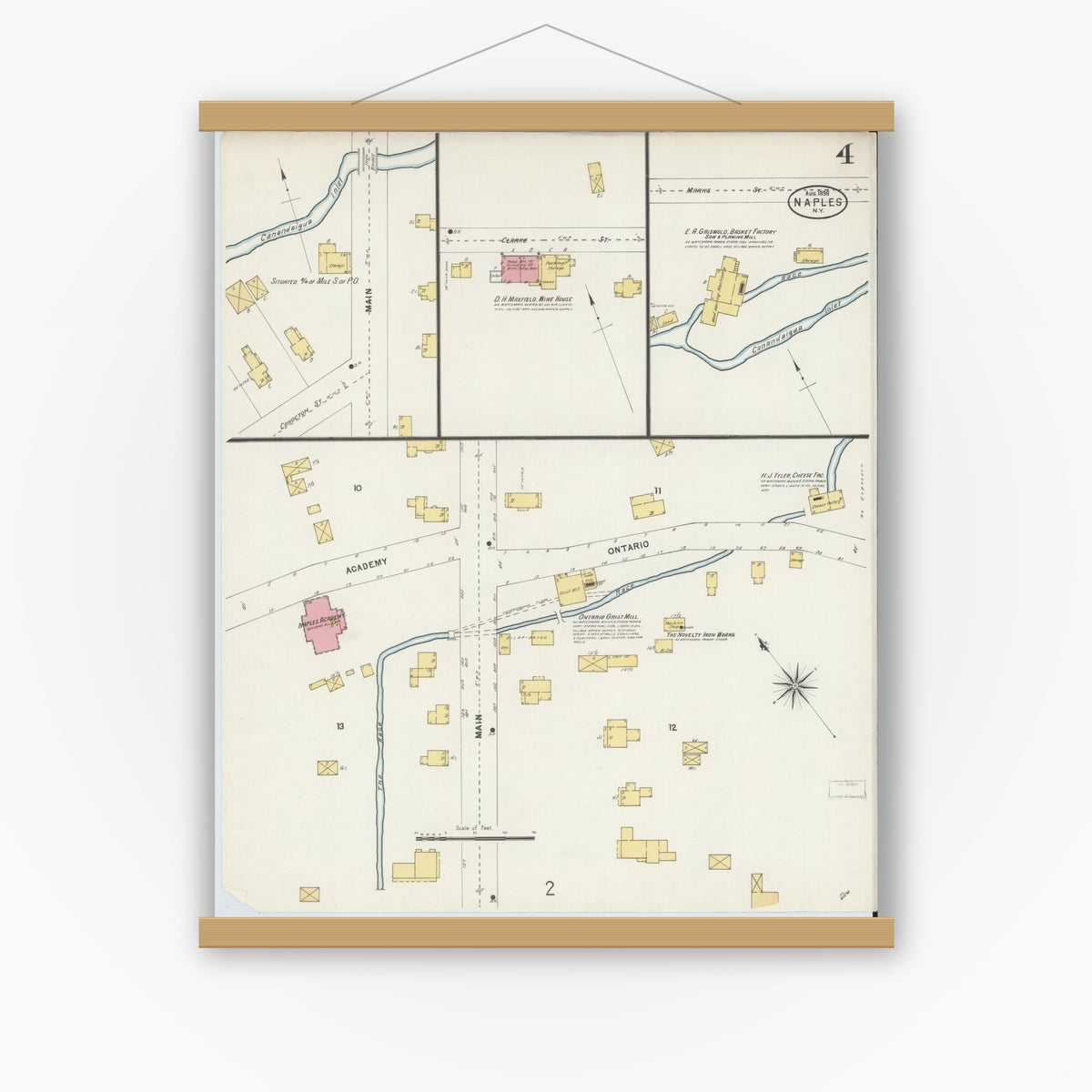 Old map wall art mockup — magnetic wood frame on white wall — Sanborn Fire Insurance Map from Naples, Ontario County, New York (1898), Sheet #0004