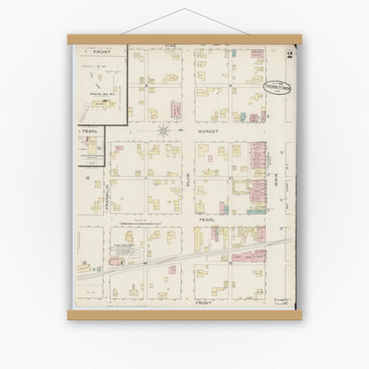 Old map wall art mockup — magnetic wood frame on white wall — Sanborn Fire Insurance Map from Thorntown, Boone County, Indiana (1886), Sheet #0002