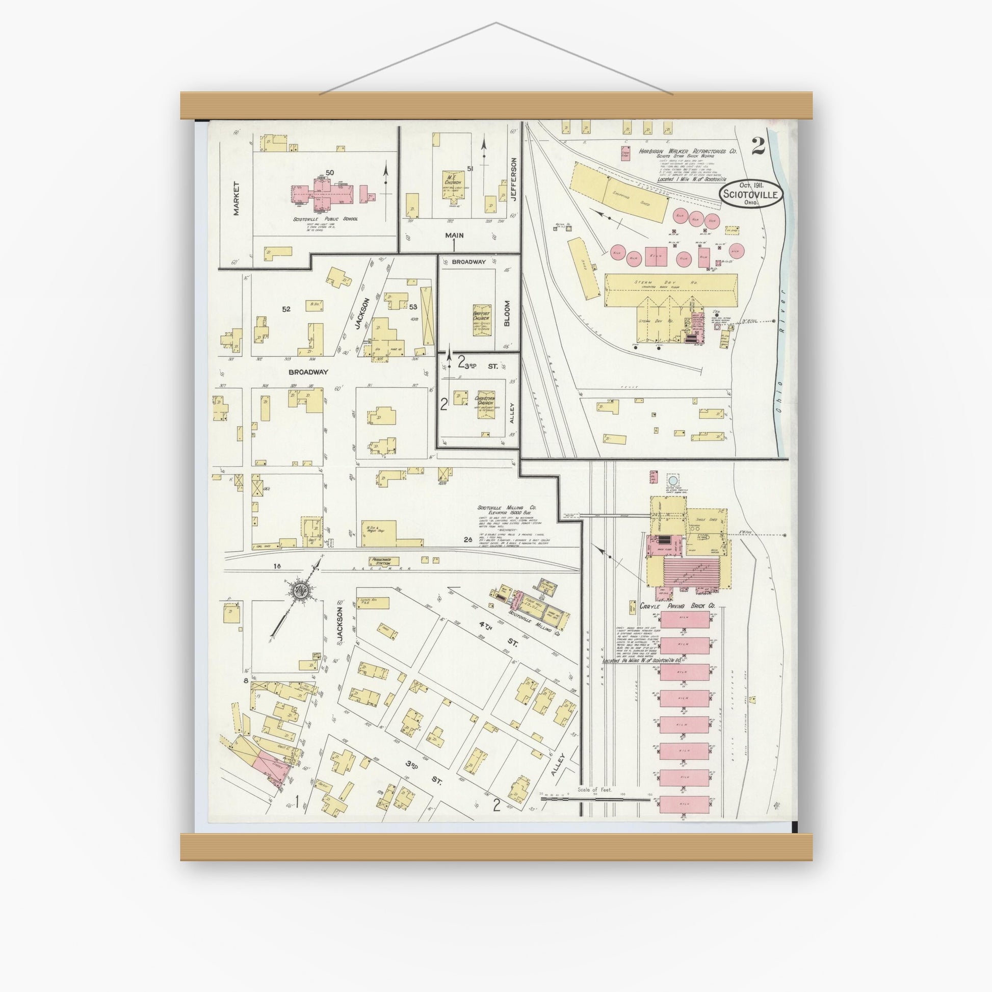 Old map wall art mockup — magnetic wood frame on white wall — Sanborn Fire Insurance Map from Sciotoville, Scioto County, Ohio (1911), Sheet #0002