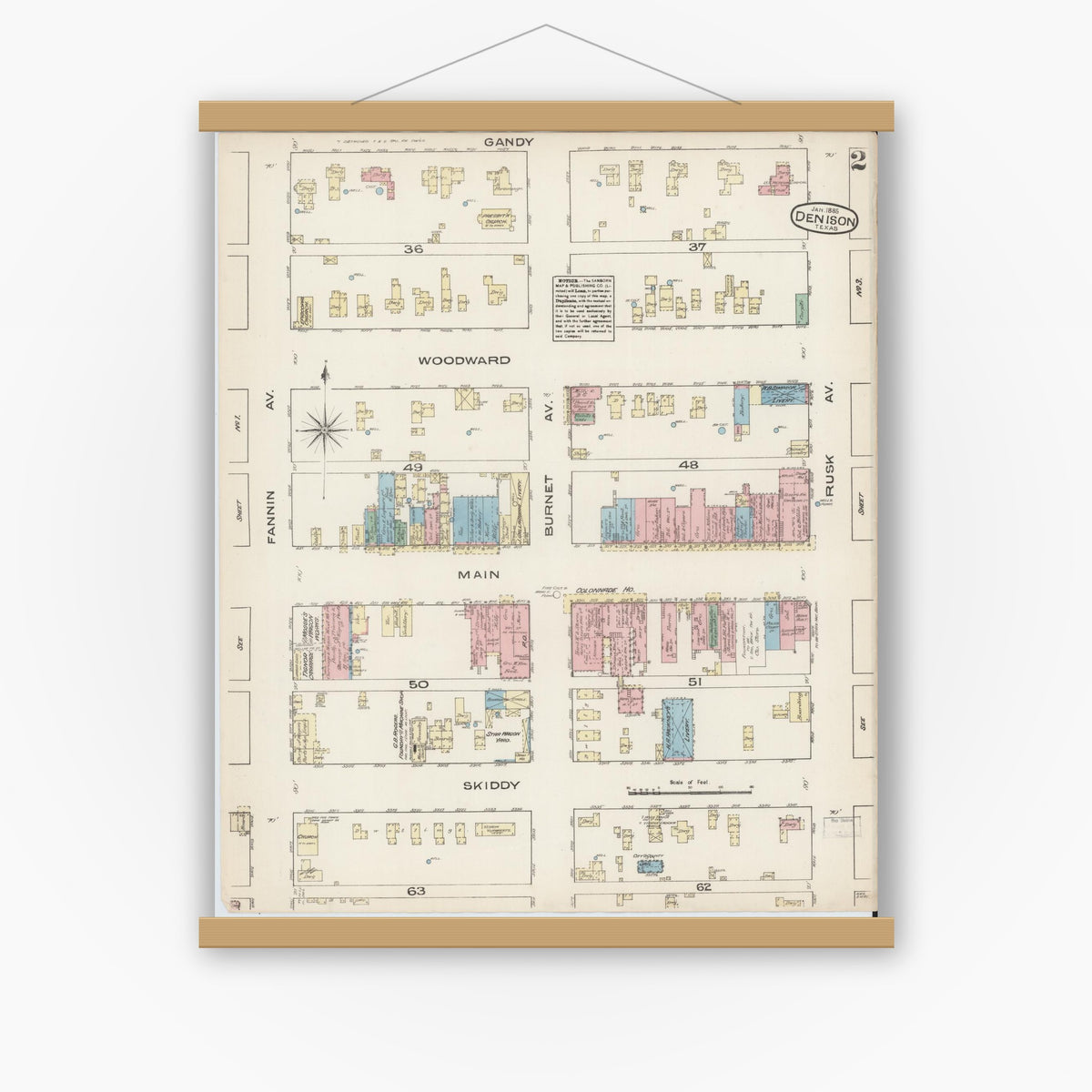 Old map wall art mockup — magnetic wood frame on white wall — Sanborn Fire Insurance Map from Denison, Grayson County, Texas (1885), Sheet #0002