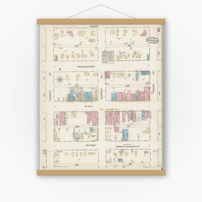 Old map wall art mockup — magnetic wood frame on white wall — Sanborn Fire Insurance Map from Denison, Grayson County, Texas (1885), Sheet #0002