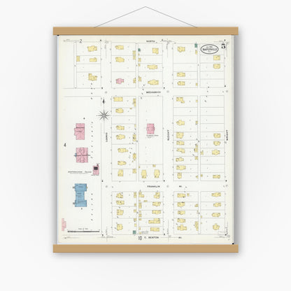 Old map wall art mockup — magnetic wood frame on white wall — Sanborn Fire Insurance Map from Naperville, Du Page County, Illinois (1909), Sheet #0005