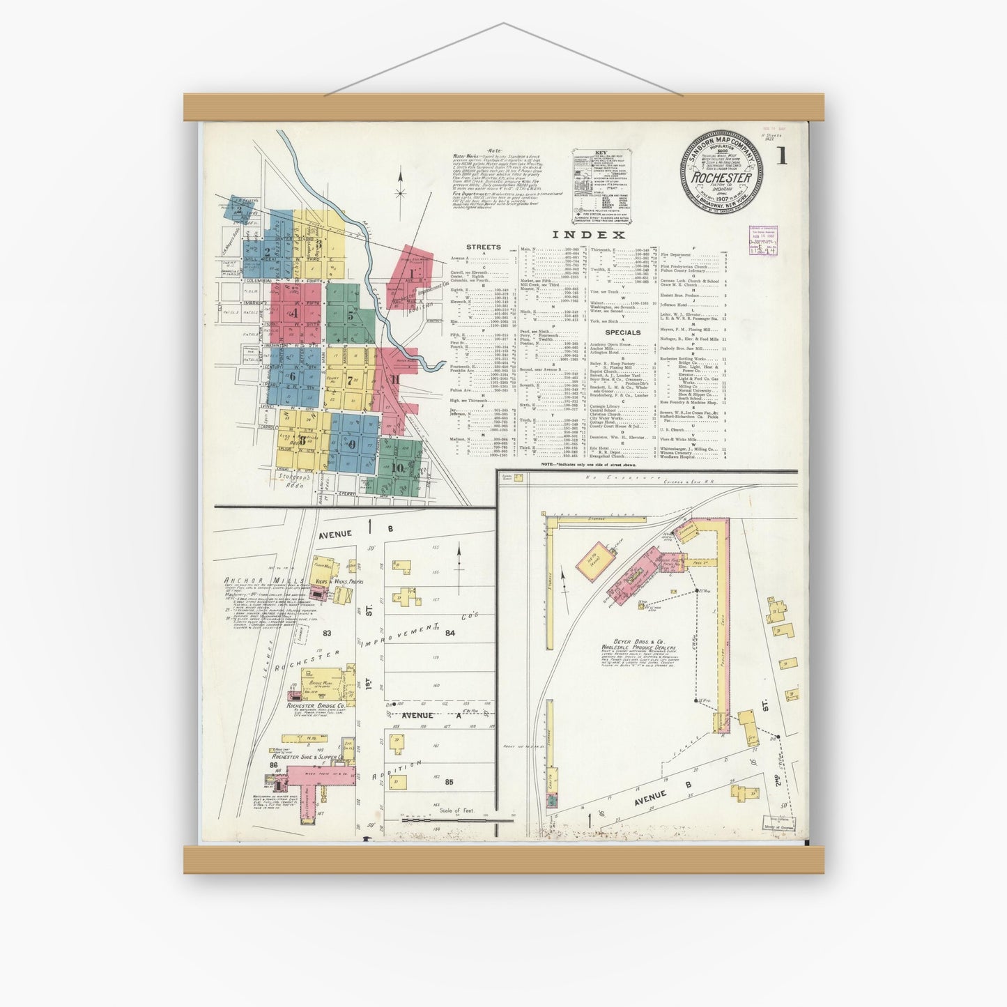 Old map wall art mockup — magnetic wood frame on white wall — Sanborn Fire Insurance Map from Rochester, Fulton County, Indiana (1907), Sheet #0001
