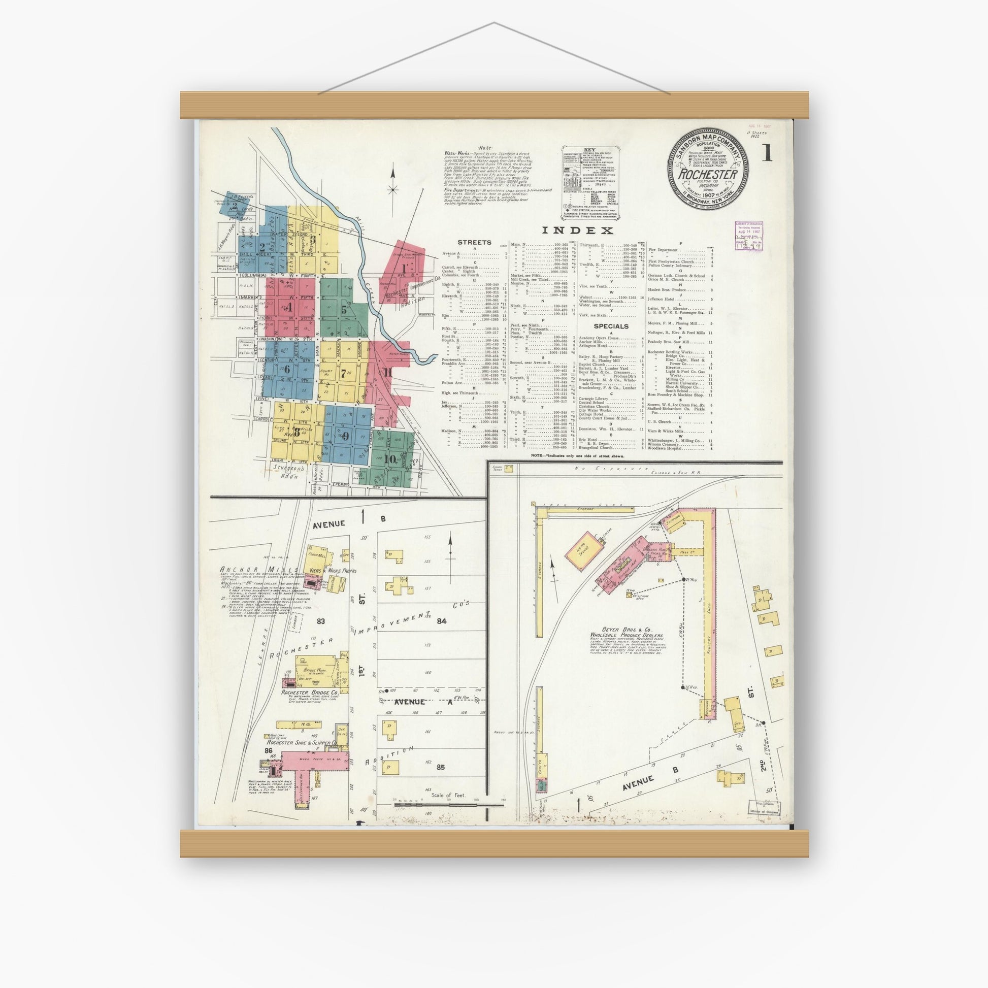 Old map wall art mockup — magnetic wood frame on white wall — Sanborn Fire Insurance Map from Rochester, Fulton County, Indiana (1907), Sheet #0001