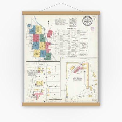 Old map wall art mockup — magnetic wood frame on white wall — Sanborn Fire Insurance Map from Rochester, Fulton County, Indiana (1907), Sheet #0001