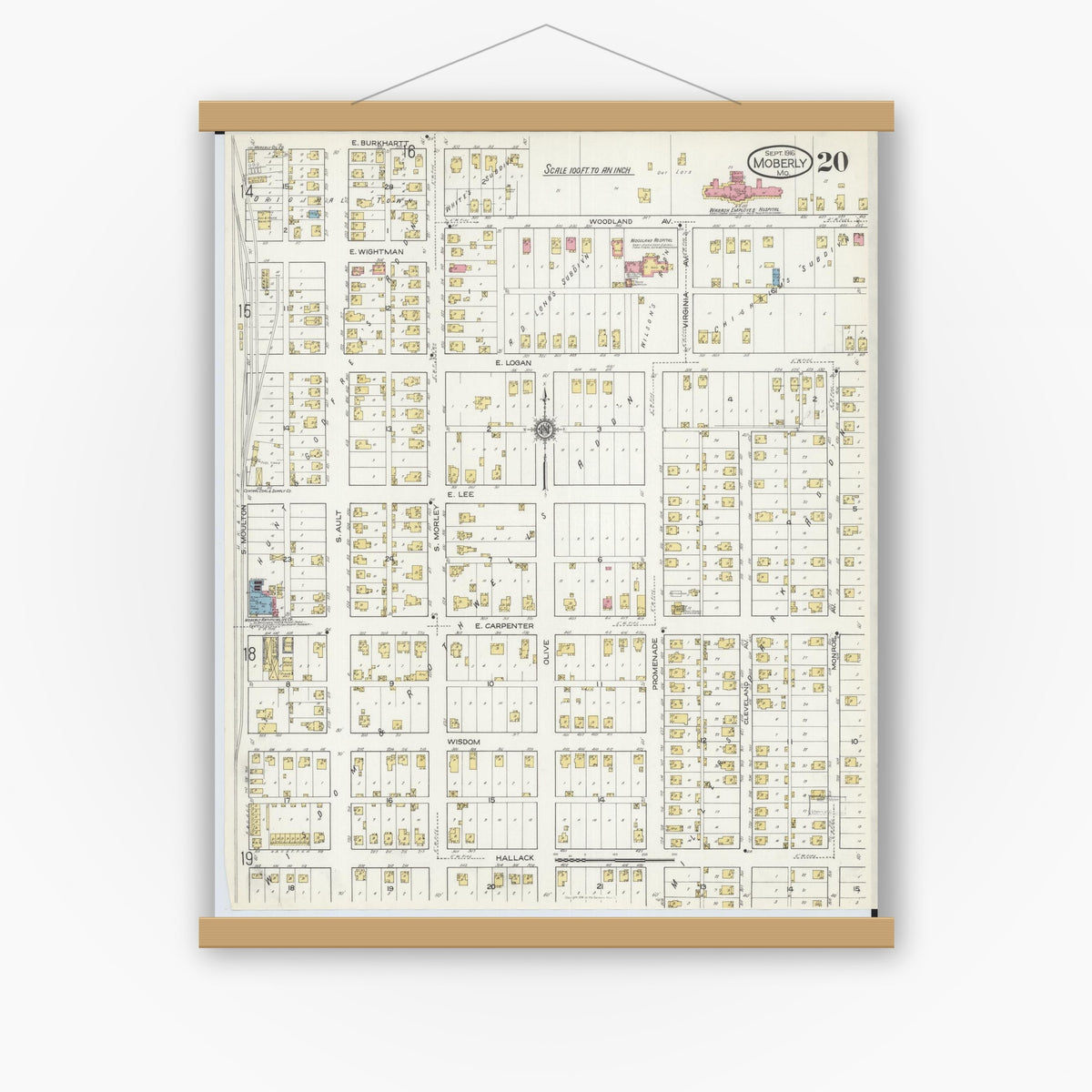 Old map wall art mockup — magnetic wood frame on white wall — Sanborn Fire Insurance Map from Moberly, Randolph County, Missouri (1916), Sheet #0020