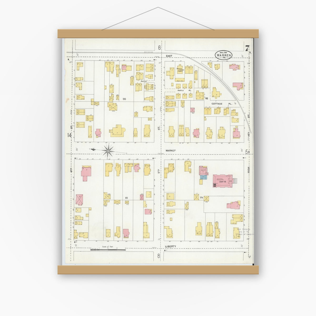Old map wall art mockup — magnetic wood frame on white wall — Sanborn Fire Insurance Map from Warren, Warren County, Pennsylvania (1904), Sheet #0007