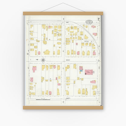Old map wall art mockup — magnetic wood frame on white wall — Sanborn Fire Insurance Map from Warren, Warren County, Pennsylvania (1904), Sheet #0007
