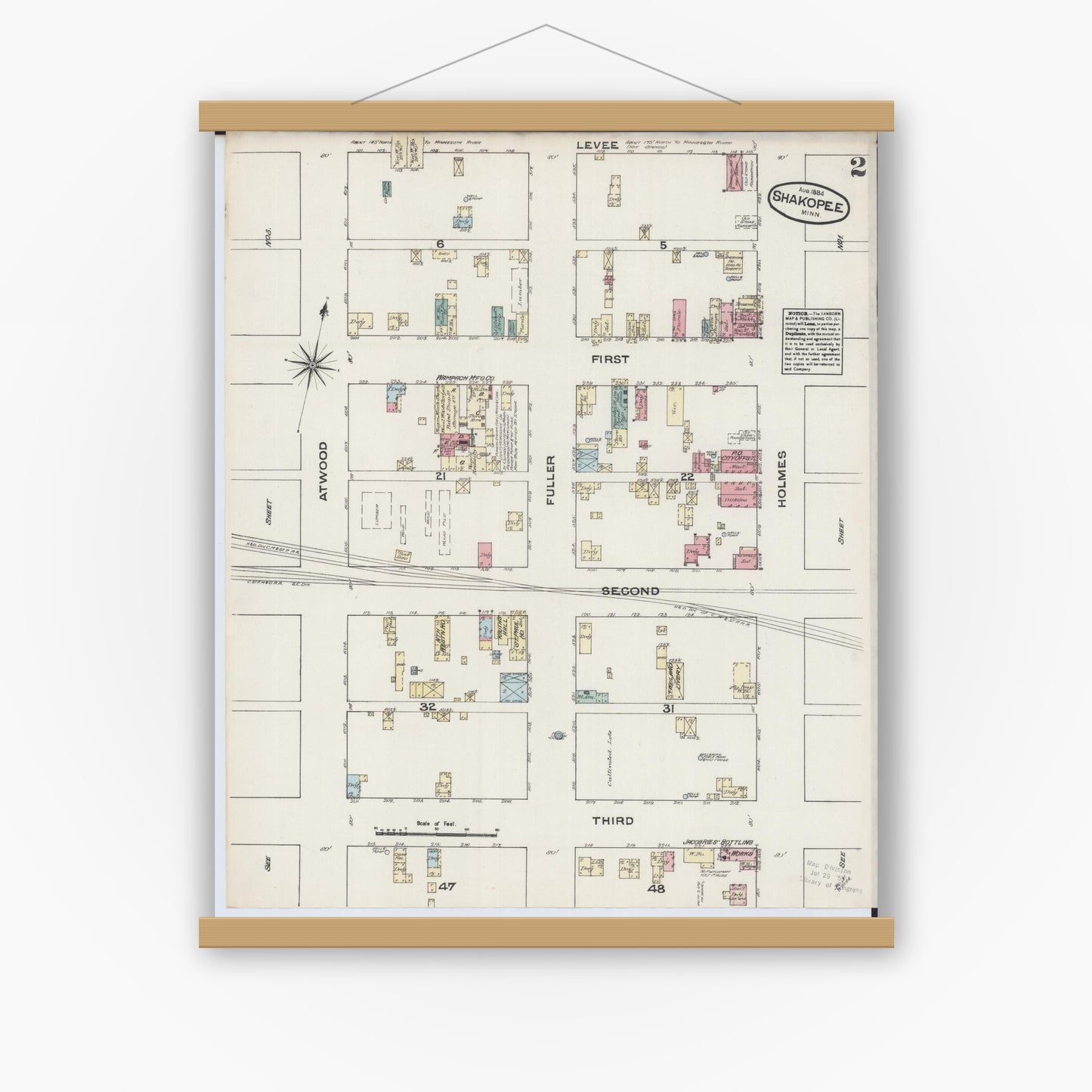 Old map wall art mockup — magnetic wood frame on white wall — Sanborn Fire Insurance Map from Shakopee, Scott County, Minnesota (1884), Sheet #0002