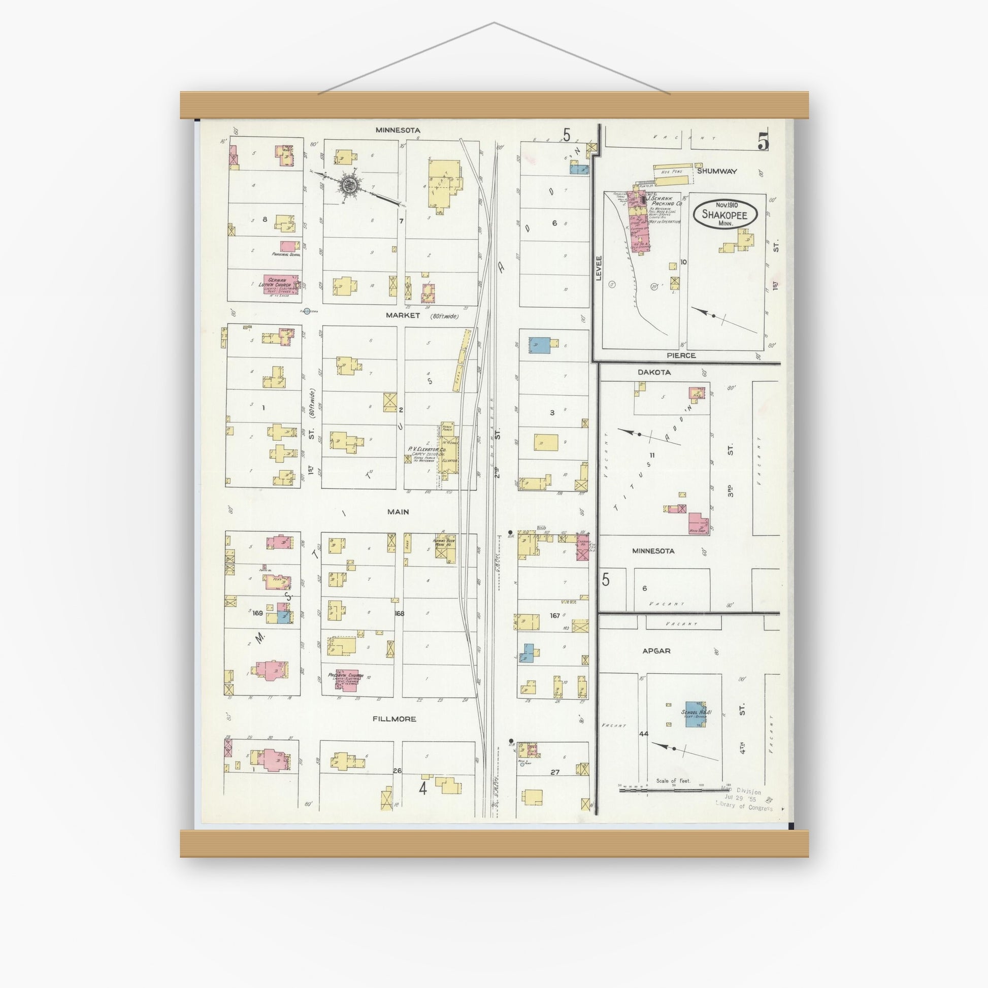 Old map wall art mockup — magnetic wood frame on white wall — Sanborn Fire Insurance Map from Shakopee, Scott County, Minnesota (1910), Sheet #0005
