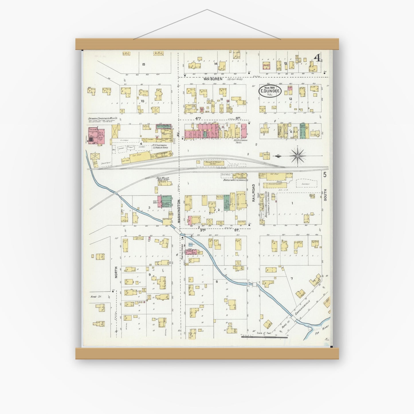 Old map wall art mockup — magnetic wood frame on white wall — Sanborn Fire Insurance Map from Dundee, Kane County, Illinois (1905), Sheet #0004
