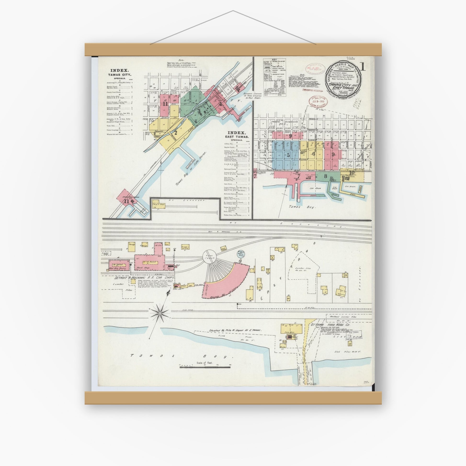 Old map wall art mockup — magnetic wood frame on white wall — Sanborn Fire Insurance Map from Tawas City, Iosco County, Michigan (1898) - Complete Map Set
