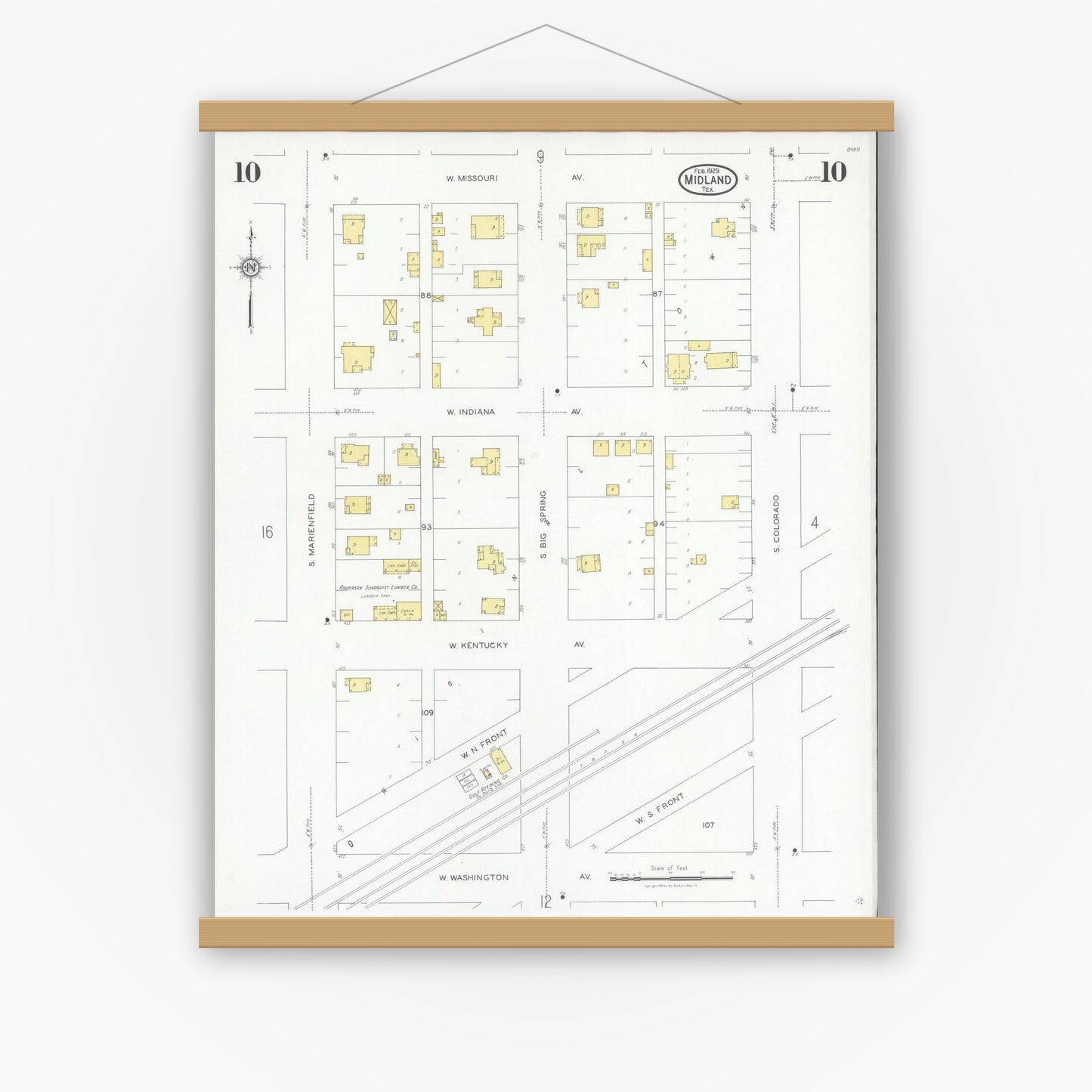 Old map wall art mockup — magnetic wood frame on white wall — Sanborn Fire Insurance Map from Midland, Midland County, Texas (1929), Sheet #0010