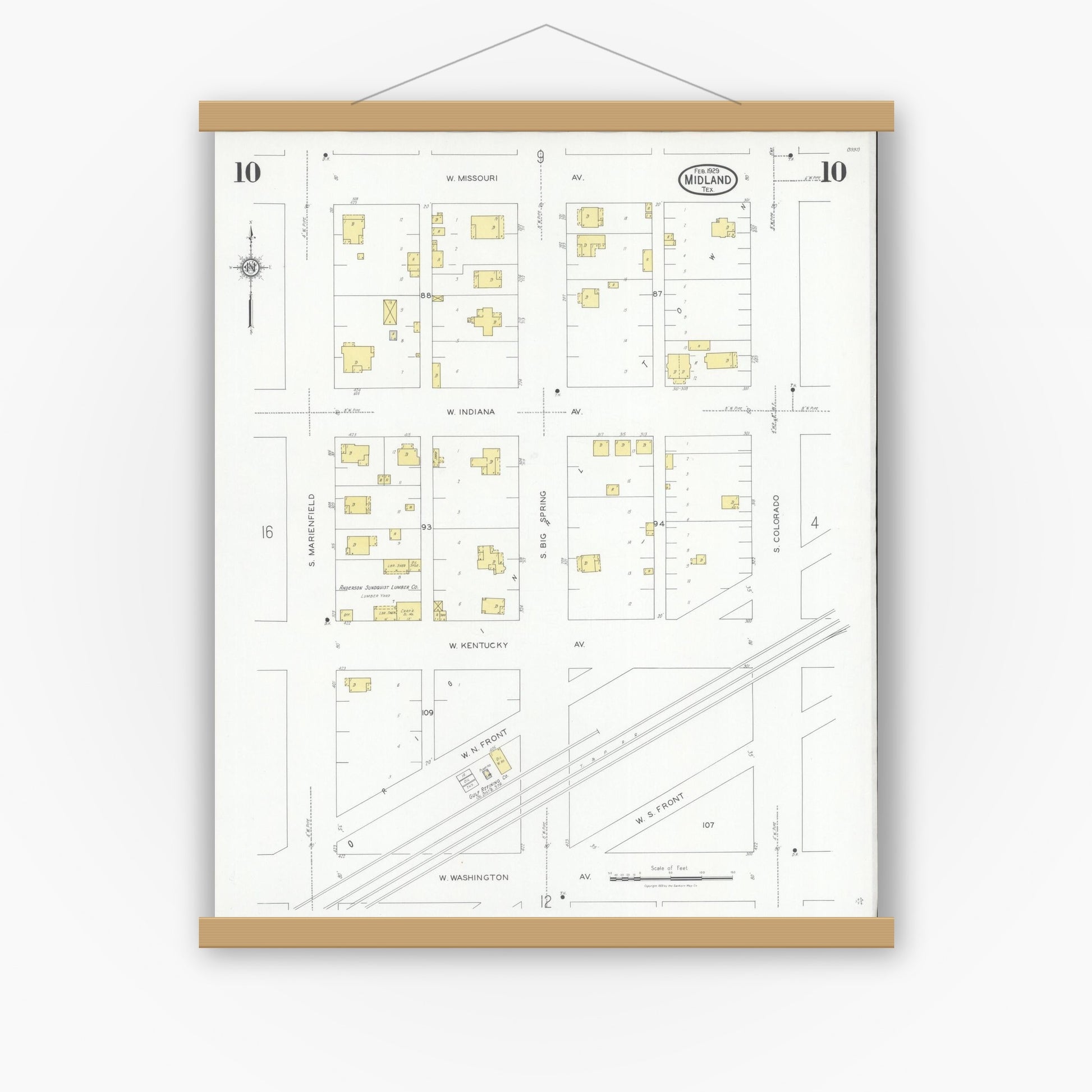 Old map wall art mockup — magnetic wood frame on white wall — Sanborn Fire Insurance Map from Midland, Midland County, Texas (1929), Sheet #0010