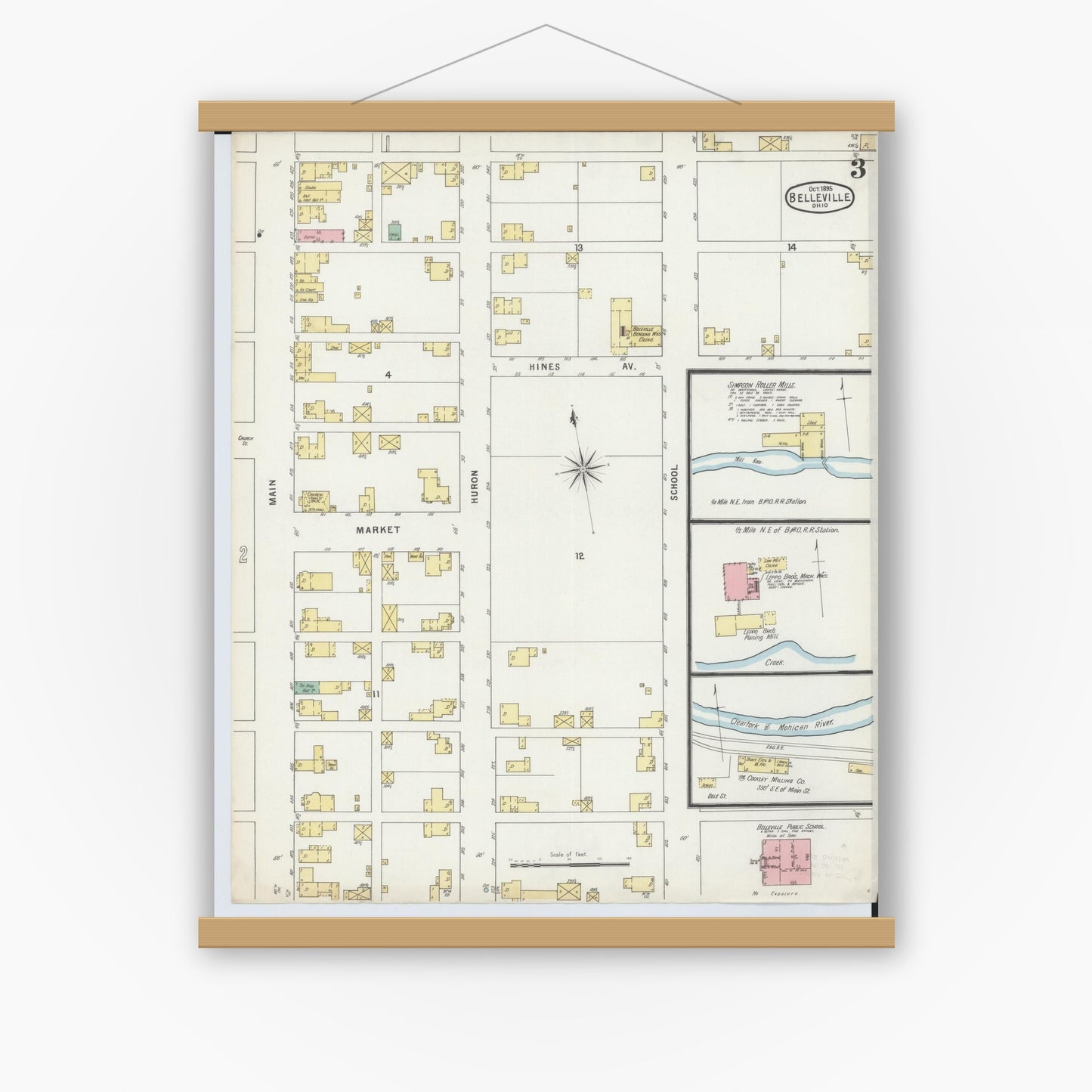 Old map wall art mockup — magnetic wood frame on white wall — Sanborn Fire Insurance Map from Bellville, Richland County, Ohio (1895), Sheet #0003