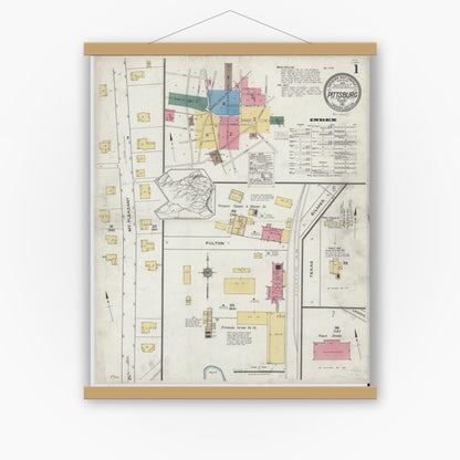 Old map wall art mockup — magnetic wood frame on white wall — Sanborn Fire Insurance Map from Pittsburg, Camp County, Texas (1921) - Complete Map Set