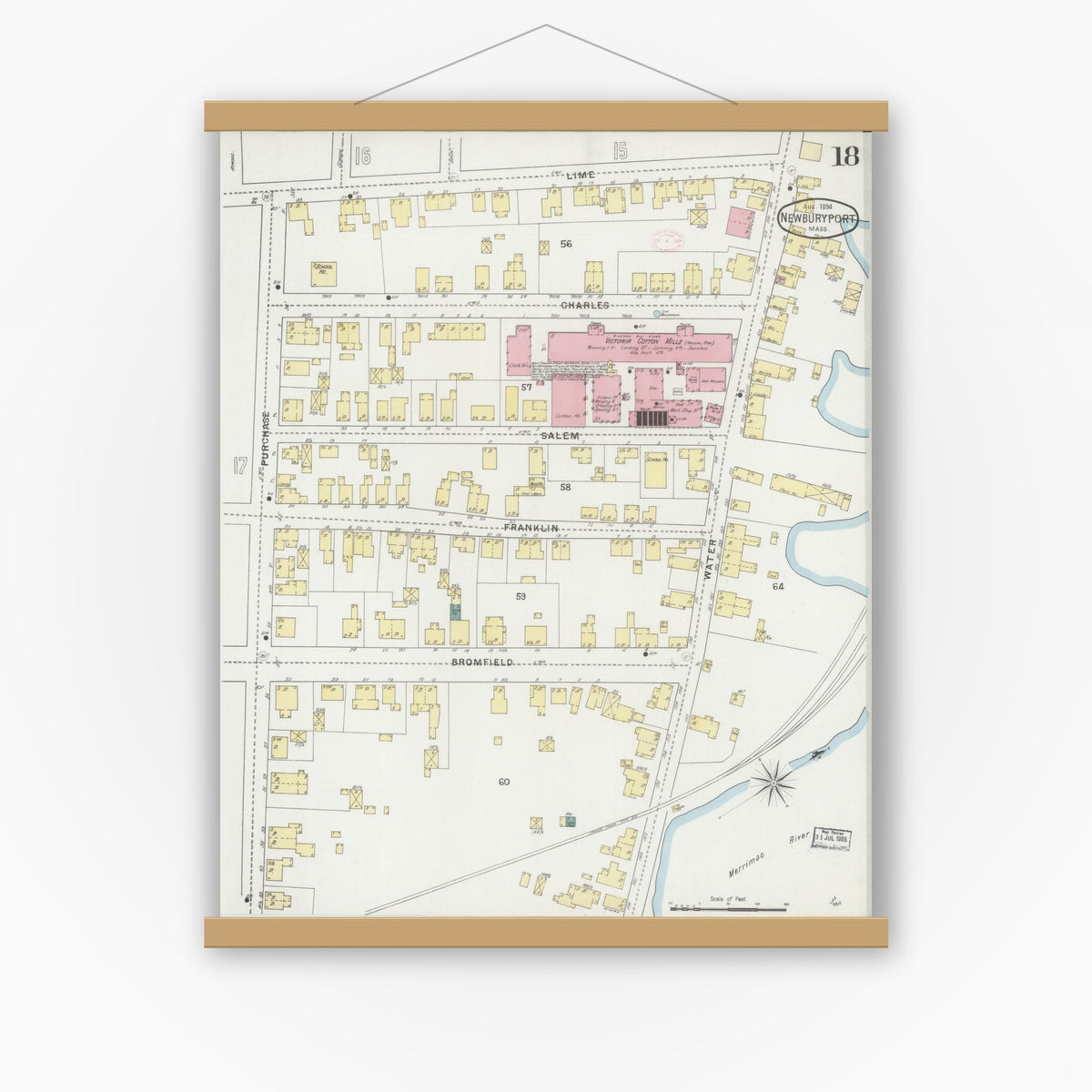 Old map wall art mockup — magnetic wood frame on white wall — Sanborn Fire Insurance Map from Newburyport, Essex County, Massachusetts (1894), Sheet #0018