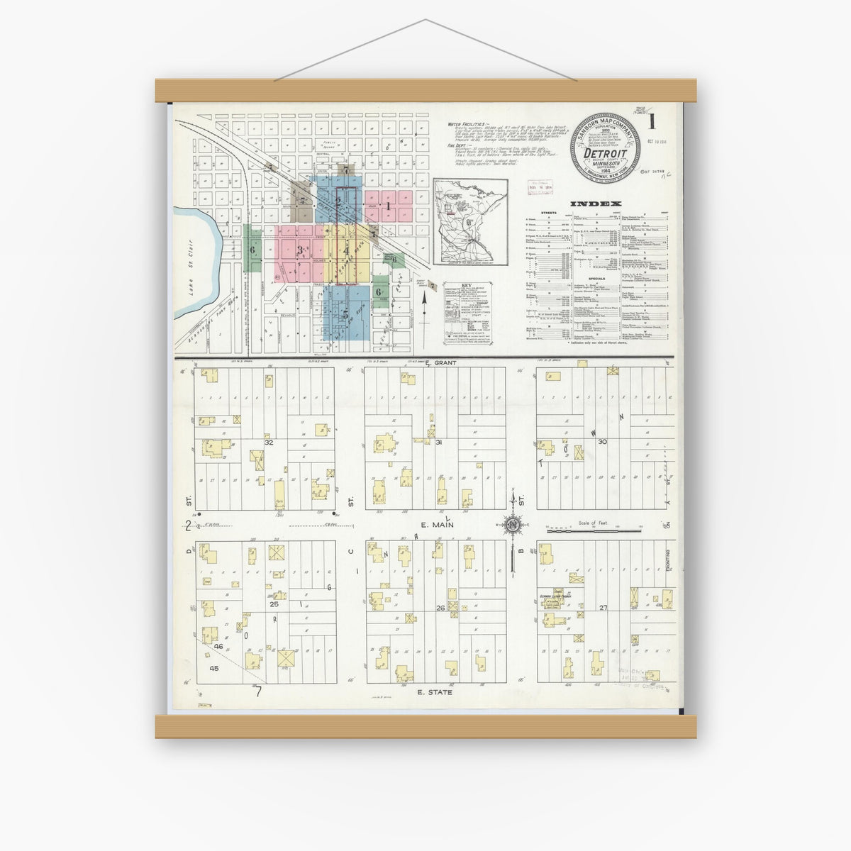 Old map wall art mockup — magnetic wood frame on white wall — Sanborn Fire Insurance Map from Detroit Lakes, Becker County, Minnesota (1914) - Complete Map Set